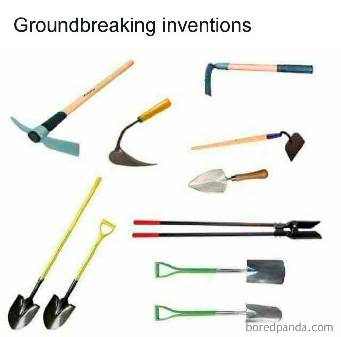 Various gardening tools under the humorous caption "Groundbreaking inventions," highlighting literal memes.