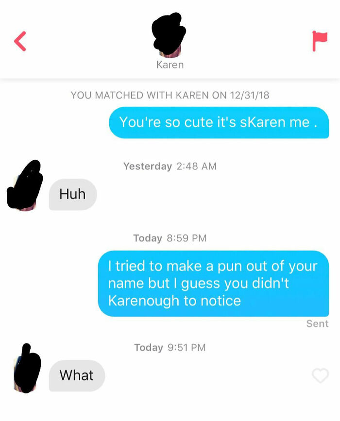 Tinder chat screenshot of people talking about Karen 