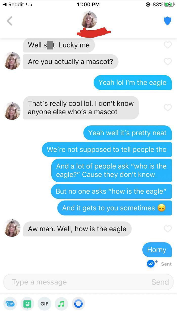 Tinder chat screenshot of people talking about mascots 
