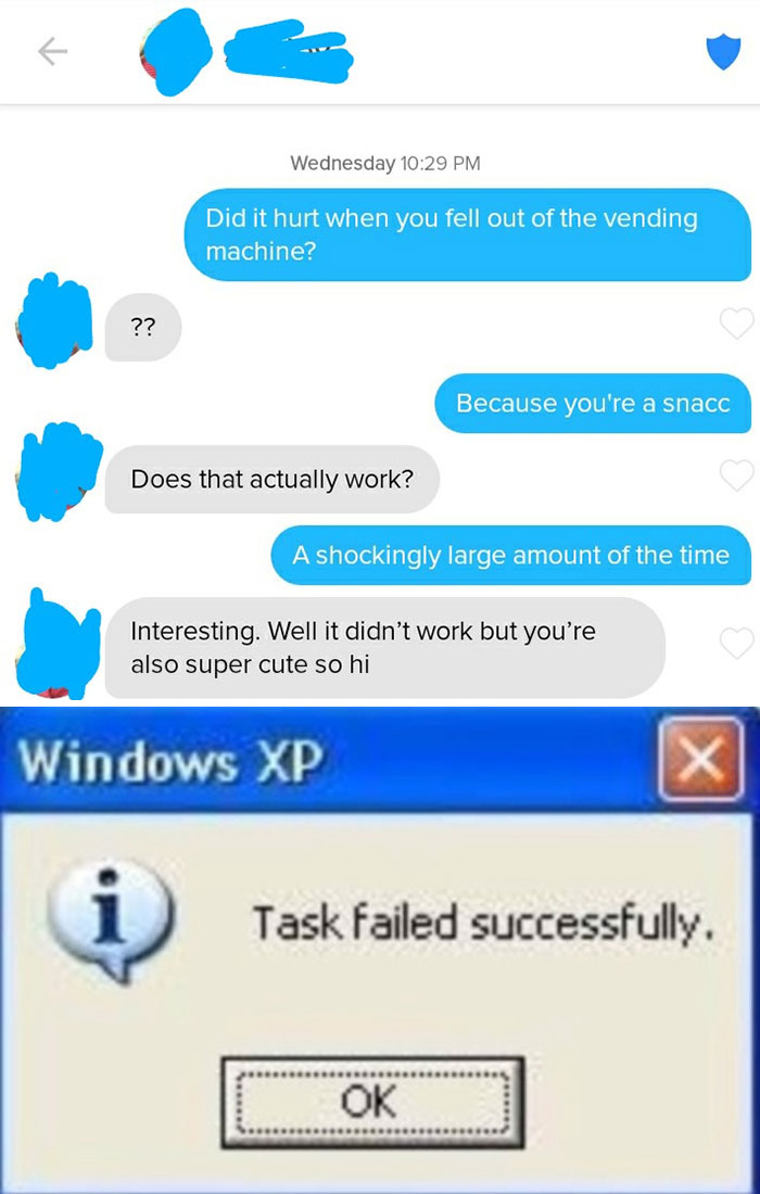 Tinder chat screenshot of people talking about bad pick-up lines 