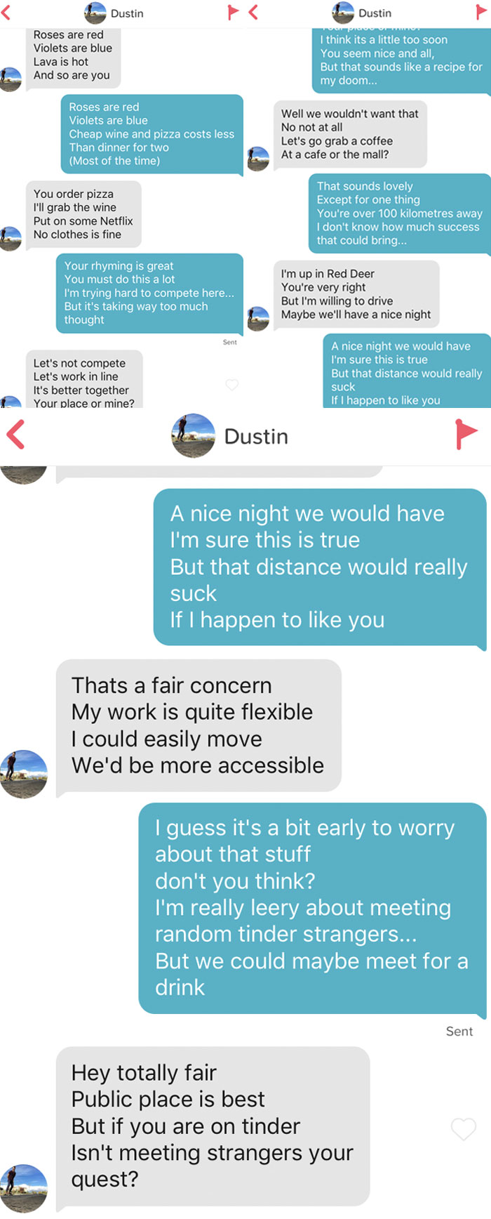 Tinder chat screenshot of people exchanging rhymes 