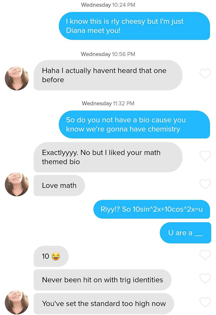 Tinder chat screenshot of a man using a math pick up line 