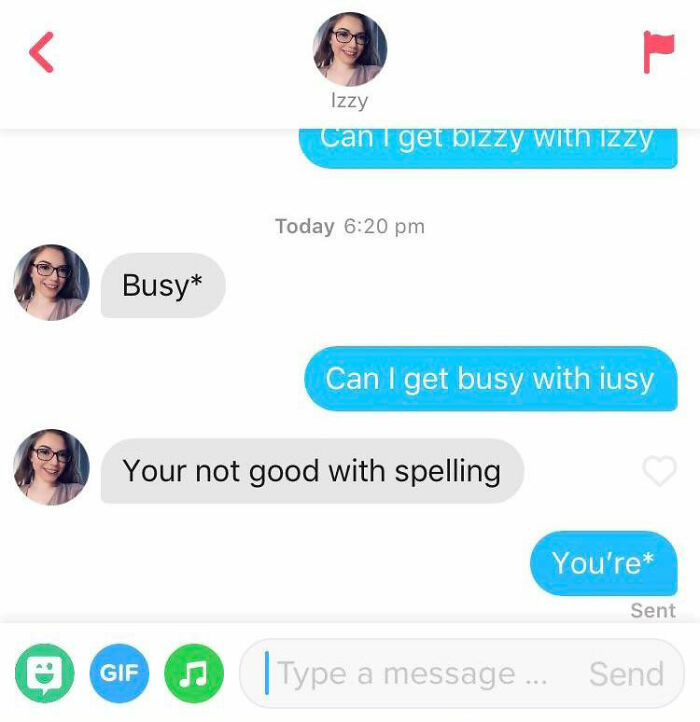 Tinder chat screenshot of a girl correcting grammar mistakes 