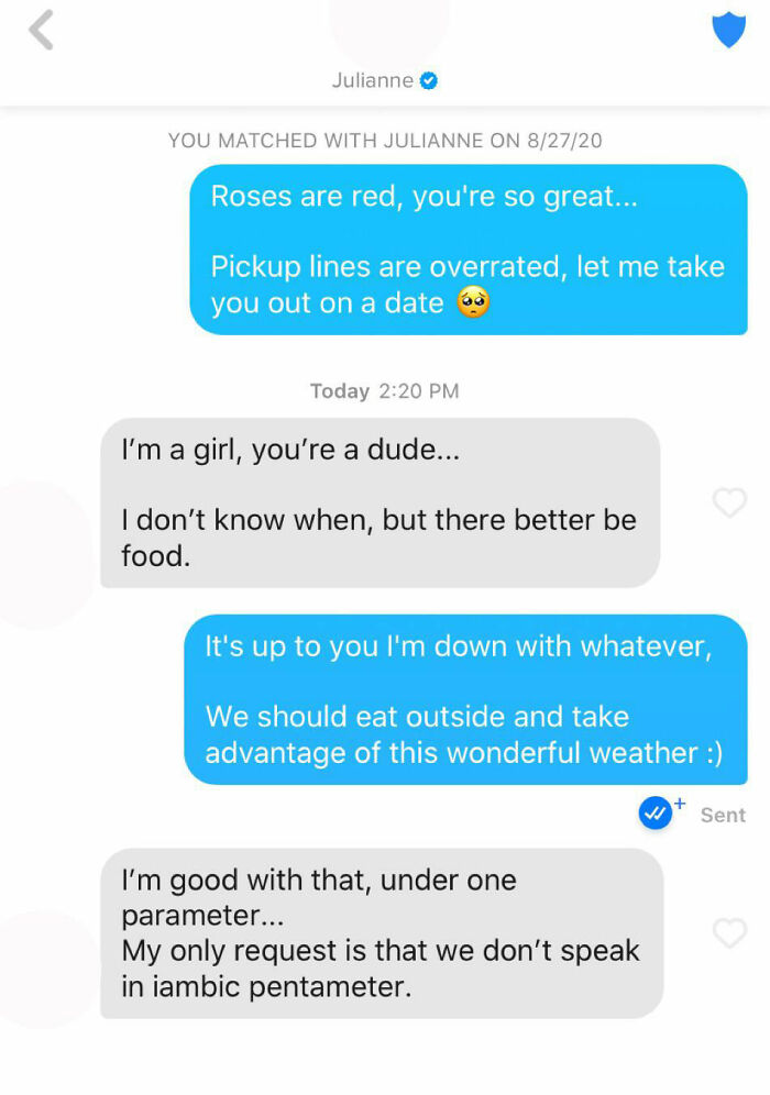 Tinder chat screenshot of people talking in rhymes 