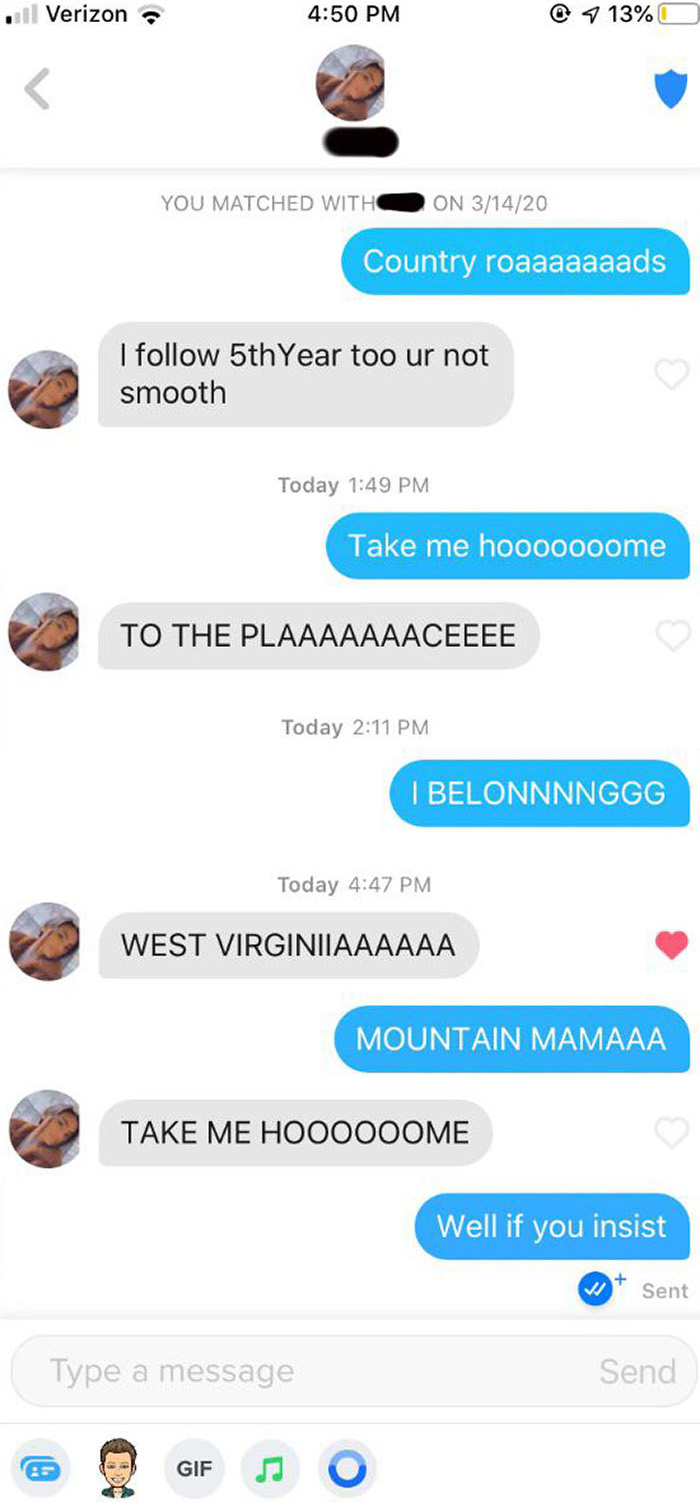 Tinder chat screenshot of a cheeky message 