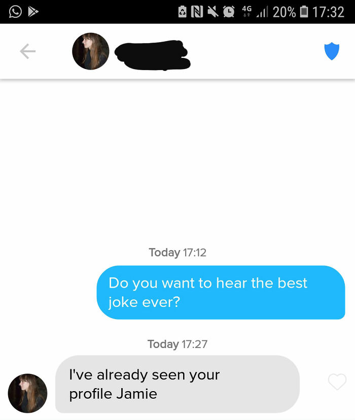 Tinder chat screenshot of a girl roasting a man 