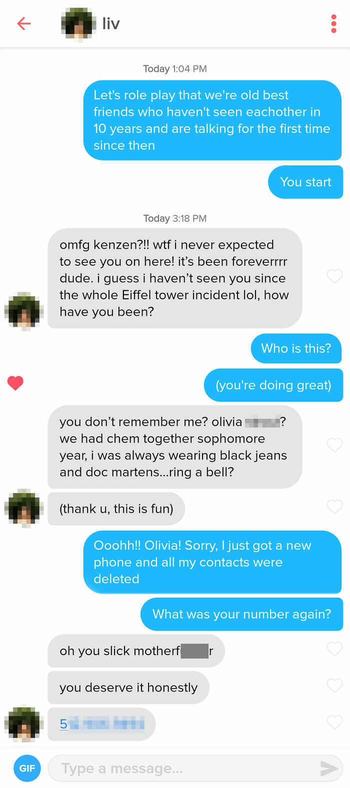 Tinder chat screenshot of people pretending to be best friends