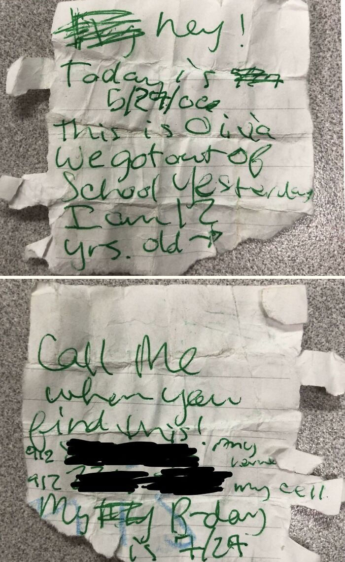 Found In Handle Of 2006 Honda Pilot. Little Olivia Left A Note With Instructions To Call When Found. Top Is Front, Bottom Is Back