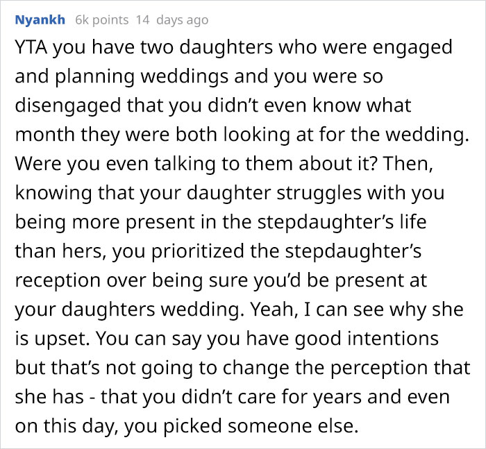 Dad Misses His Daughter's Wedding Because He Wanted To Walk His Stepdaughter Down The Aisle, Now His Daughter Won't Talk To Him Dad Misses His Daughter's Wedding Because He Wanted To Walk His Stepdaughter Down The Aisle, Now His Daughter Won't Talk To Him