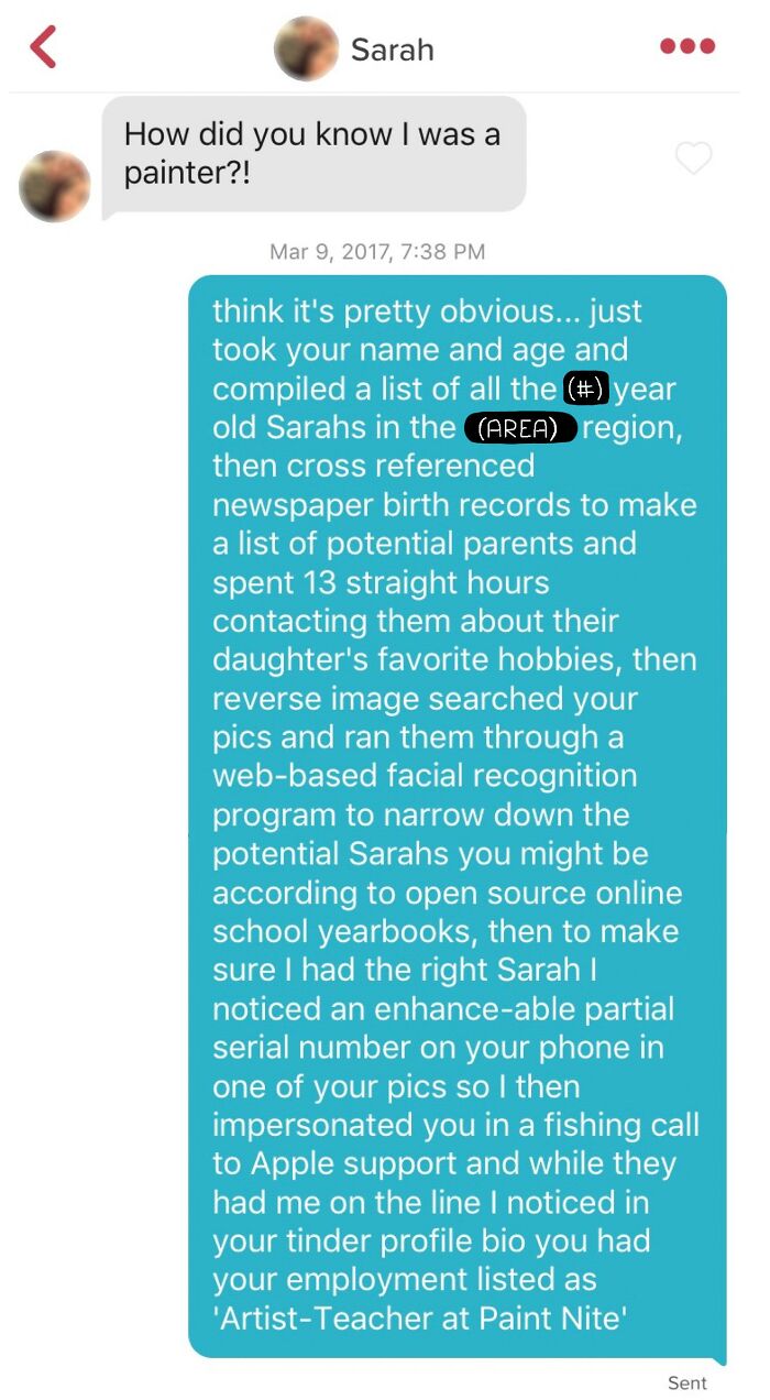 Tinder chat screenshot of people talking about paint 