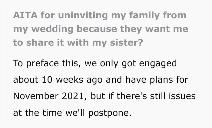 Parents Demand That The Bride Shares The Wedding With Her Sister And Her Toxic Fiancé - She Uninvites Them All Parents Demand That The Bride Shares The Wedding With Her Sister And Her Toxic Fiancé - She Uninvites Them All