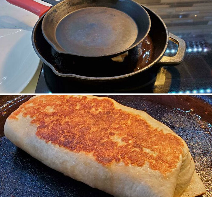 Got 2 Cast Irons? Heat Them Up And Stack Them To Grill Both Sides Of A Burrito Or Wrap