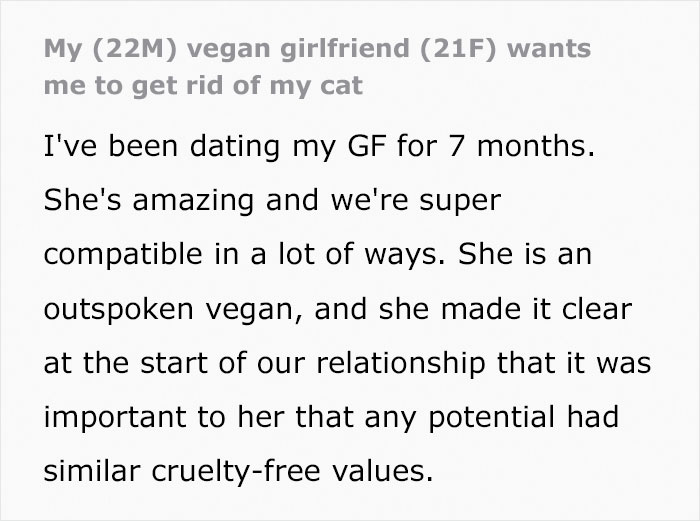 Man Gets An Ultimatum From His Vegan Girlfriend Who Demands He Give Away His Cat