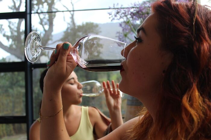 Two women sipping wine inside a glass-enclosed room, illustrating weird laws from around the world.