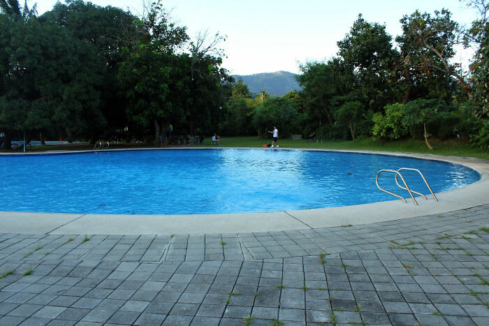 Outdoor round swimming pool with people nearby and trees surrounding the area in a natural setting showing weird laws.
