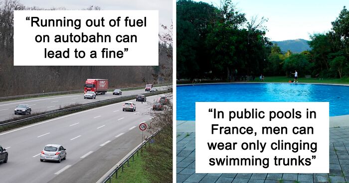 Highway with vehicles and a public pool with a sign about weird laws from around the world that sound made up.