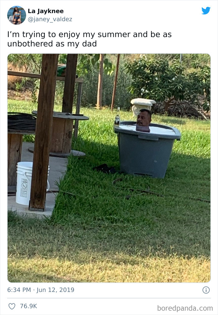Man relaxing in a tub outdoors, embodying a funny summer meme.