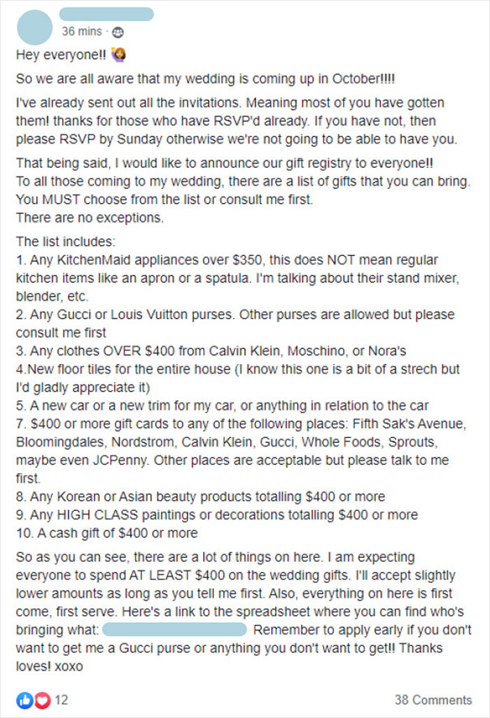 Bride Is Expecting Everyone To Spend $400 Or More On Her Wedding Gifts