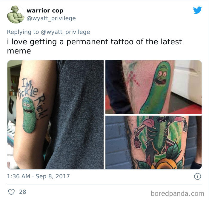 Tattoos of outdated meme characters, including "Pickle Rick," shown on different people's arms.