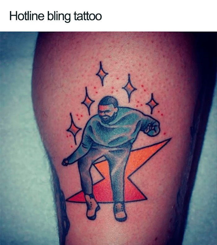 Tattoo of a dancing figure with colorful shapes and sparkles, illustrating an outdated cultural reference.