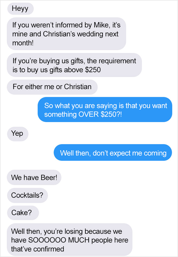 Nobody Wants To Pay A Bare Minimum Of 250 Dollars In Gifts To Go To A Wedding
