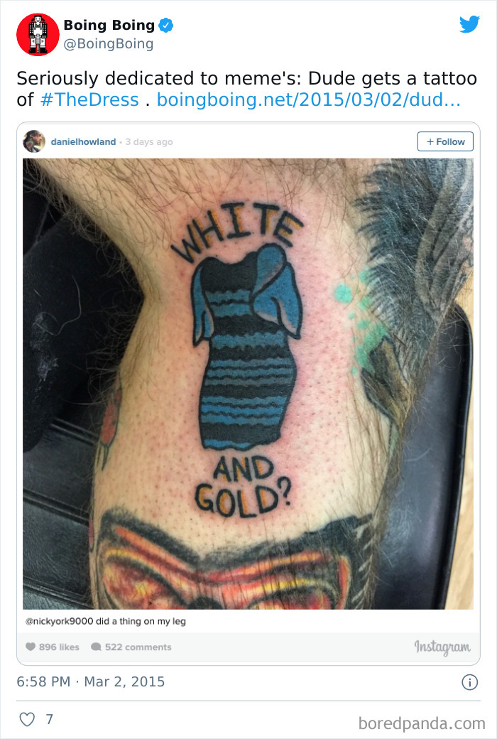 Tattoo of "The Dress" meme in black and blue, with "White and Gold?" text, demonstrating quickly uncool ink.