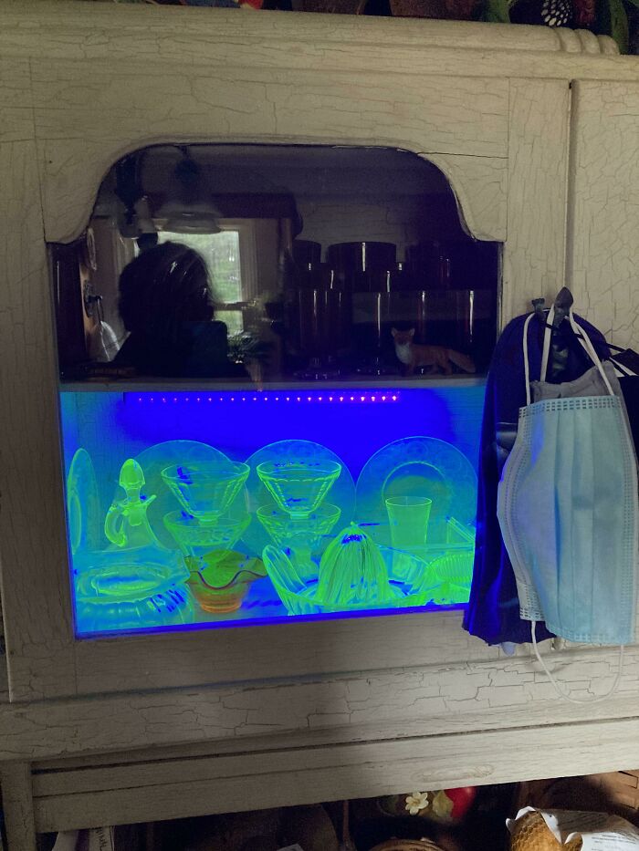 My Mom’s 100% Thrifted Uranium Glass Collection Under Black Light