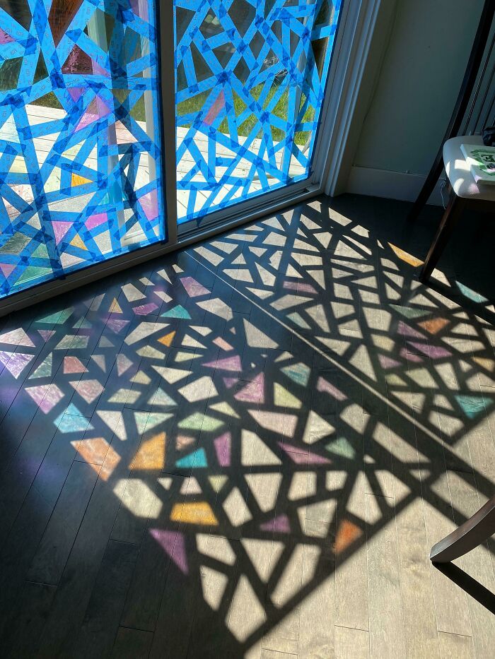 Trying To Keep My Kids Busy! Painters Tape + Washable Markers. Looks Like Stained Glass!