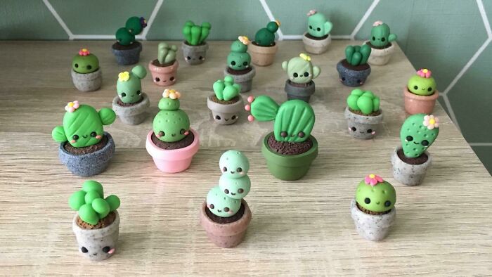I Recently Started A New Hobby, Polymer Clay. I Made A Whole Lot Of Tiny Plants And Cactuses To Practice 🌵