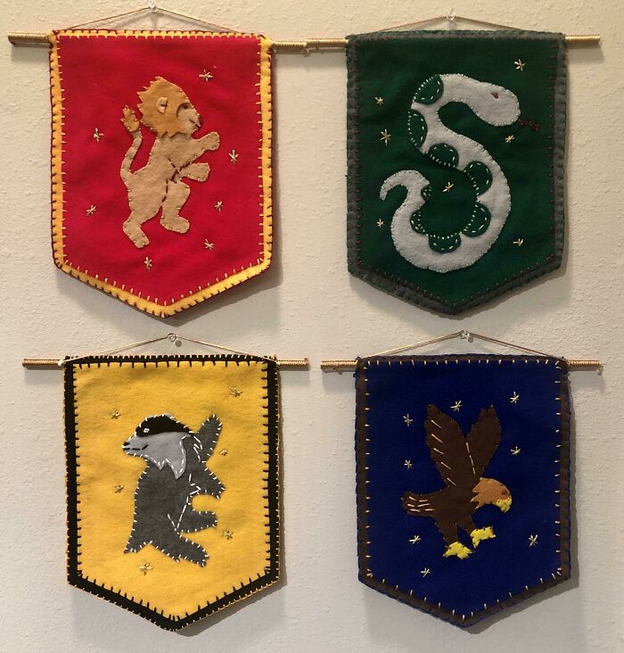 I Made Some Hogwarts House Banners For My Best Friends Baby Shower Gift For Her Nursery. First Time Sewing In Twelve Years. Maybe Not The Neatest, But I’m Proud Of How They Turned Out!