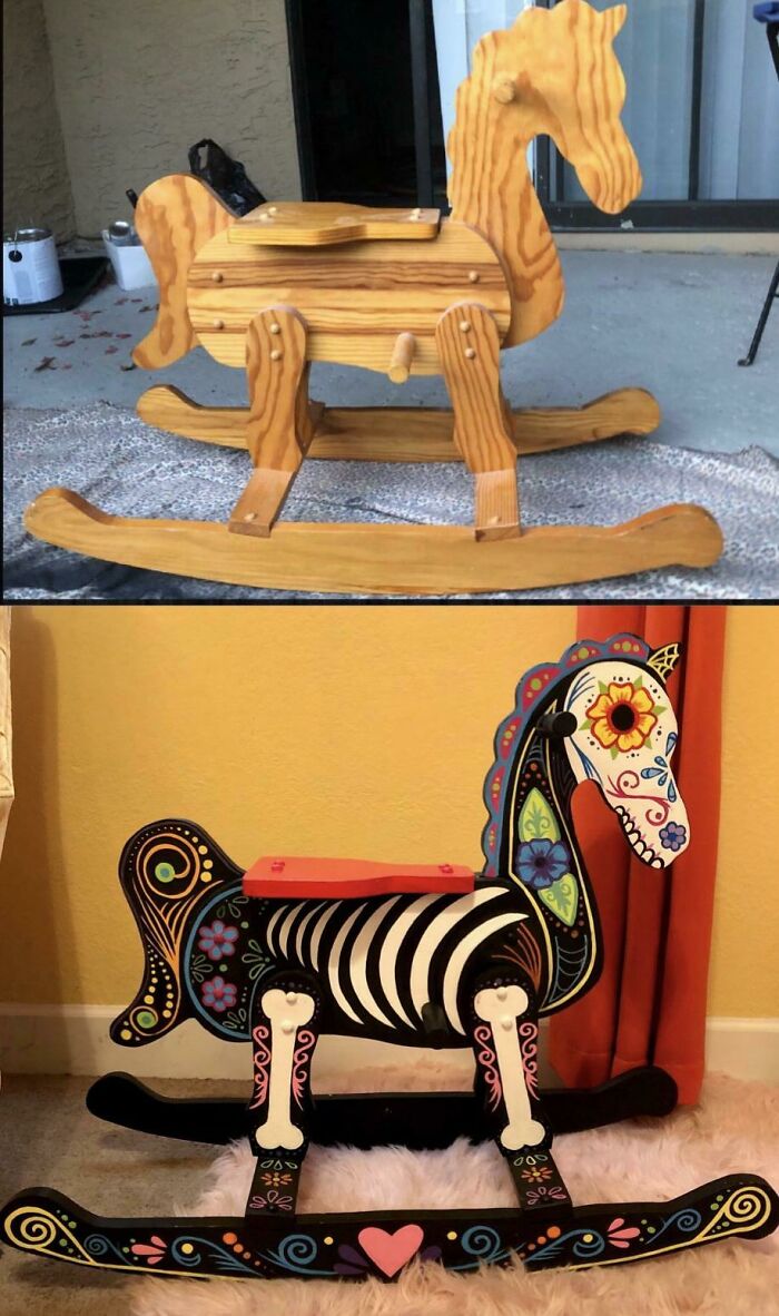 Día De Los Muertos Rocking Horse. Before And After