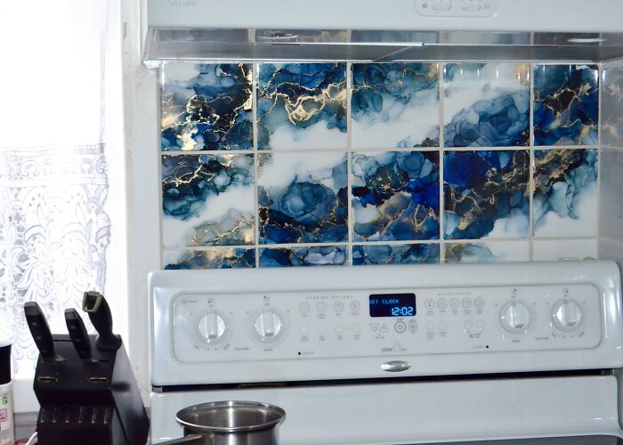 I Got To Tile A Bit Of Backsplash In Our Kitchen. Tiles Painted By Me, Put On The Wall By My Dad