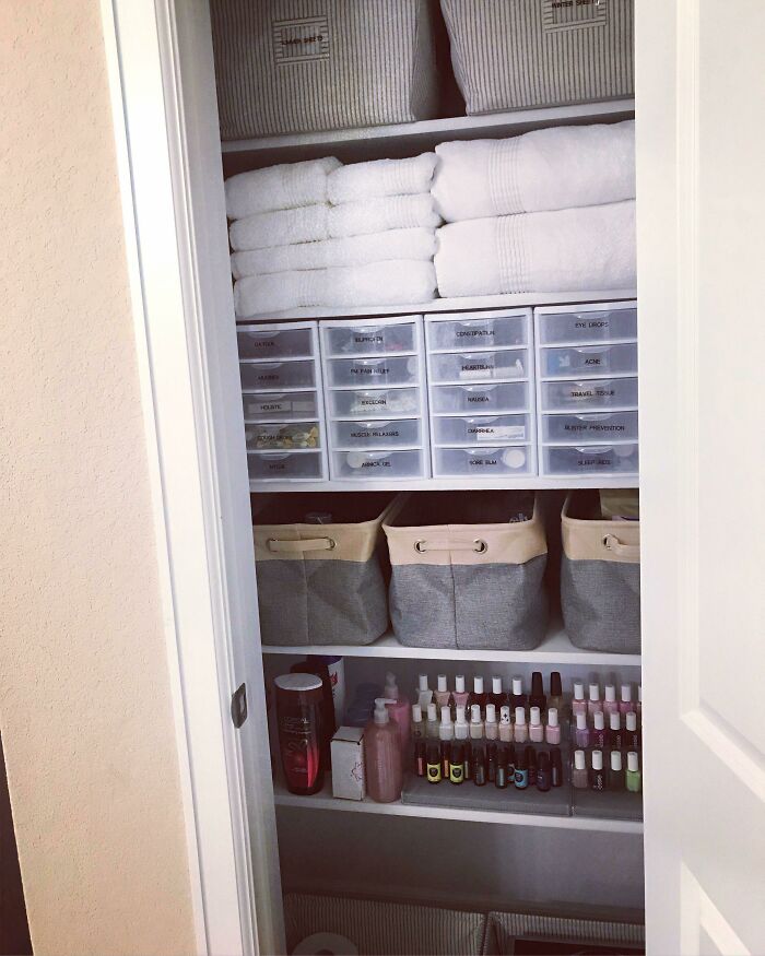Linen Closet In Master Bedroom No Longer A Catch All—sheets In Farmhouse Bins Sorted By Season, Towels, First Aid Sorted By Category, Bathroom Amenities And All My Polishes In The Happiest Roygbiv A Girl Can Have!