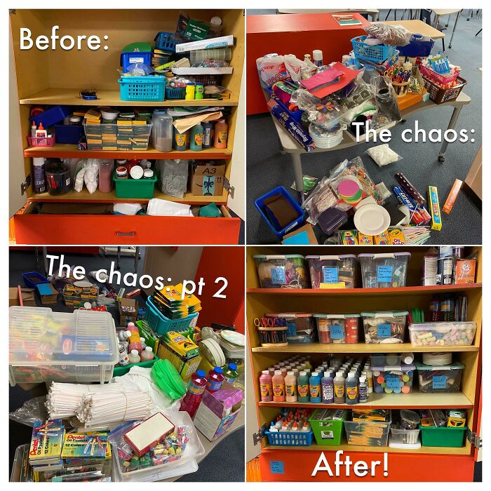 My Sister Recently Got A Job As A 2nd Grade Teacher. This Cabinet Holds All The Shared Supplies For All Of The 2nd Grade Teachers In Her School And It Was A Mess To Say The Least! I Organized It For Them So Now They Can Find All The Googly Eyes, Paint, And Feathers They Might Need In One Place!