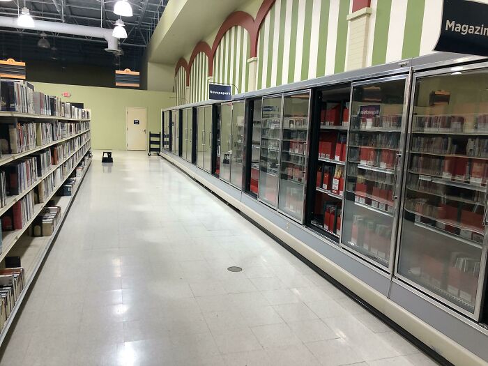 While The Library Is Under Construction, An Old Grocery Store Is Being Used As A Temporary Library