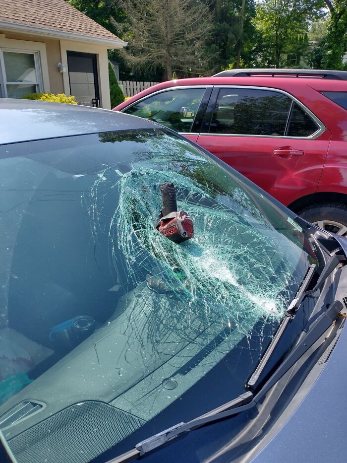 This Got Towed Into My Buddy's Uncle's Shop In Nj. Snap-On Impact Gun Flew Through The Customers Windshield While On 78
