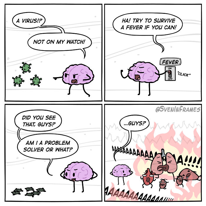 Cartoon brain battling a virus, humorously causing organs to panic over a fever, illustrating clever science memes.