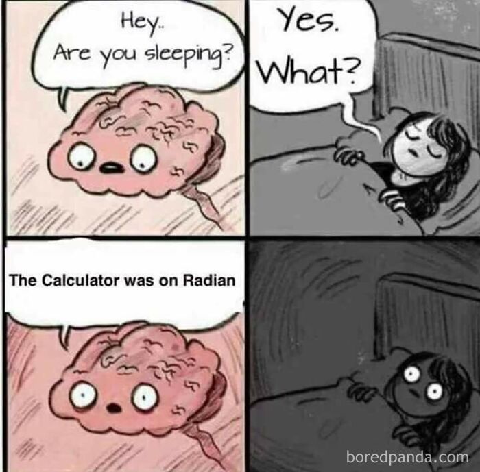 Clever science meme showing a brain keeping someone awake due to a calculator set to radian mode.