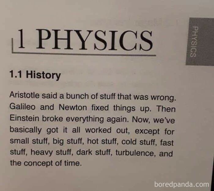 Clever science meme humorously summarizing the history of physics, mentioning Aristotle, Galileo, Newton, and Einstein.