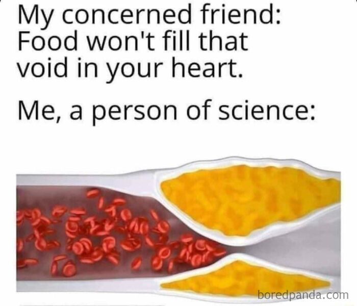 Clever science meme showing a humorous take on filling voids with food, featuring blood vessels filled with macaroni.