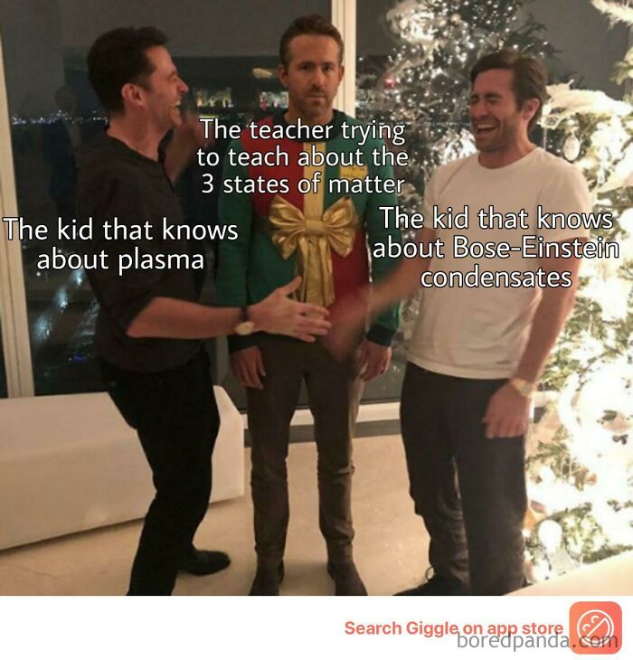 Three men humorously representing science concepts: states of matter, plasma, and Bose-Einstein condensates, in a Christmas setting.