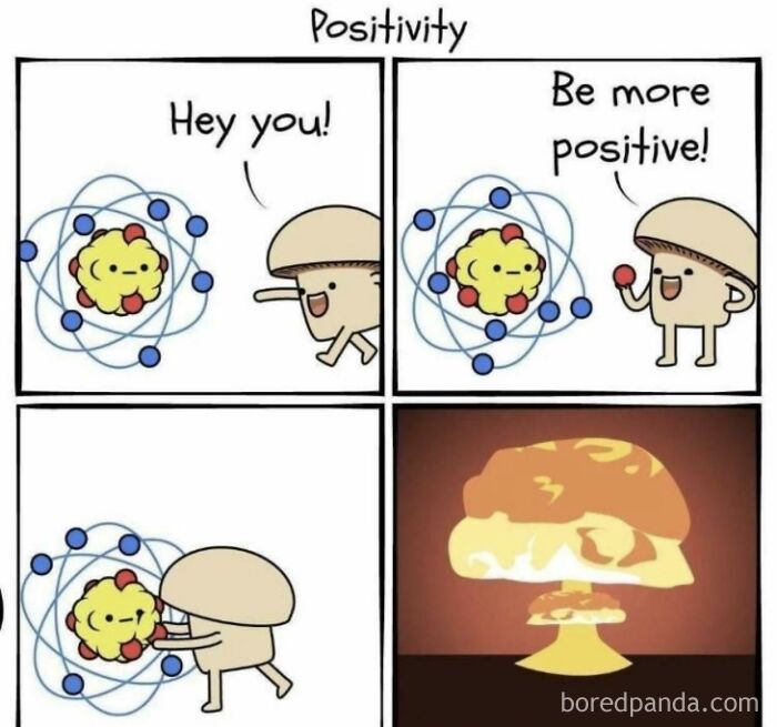 Cartoon character humorously interacting with an atom, blending science and humor.