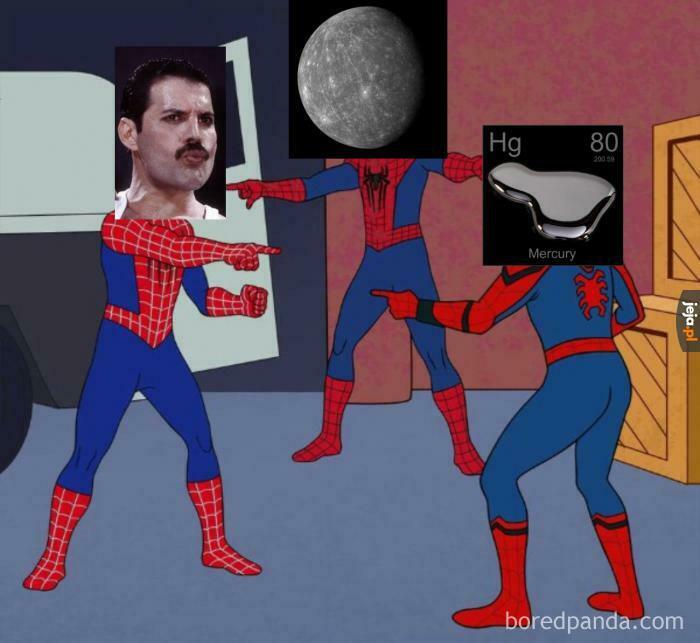 Three Spider-Men pointing at each other with faces representing Mercury: the planet, element, and a famous singer.