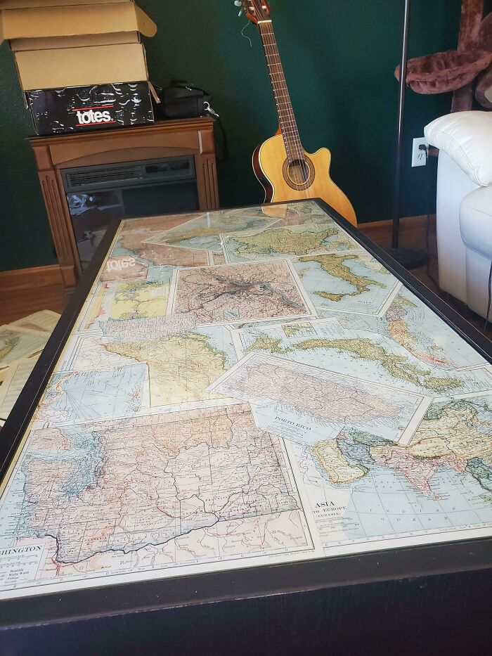 Used Some Old Damaged Atlas Pages To Decorate Under The Glass Of My Coffee Table