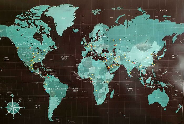 For 6.5 Years My Wife And I Tried To Have Every Person Or Family Who Visited Our Home Put A Pin In This Map, Marking Where They Called, Or Once Called, Home. We're Moving Out Now, And Decided To Tally Up This Phase Of Our Lives. 48 Countries. 15 States. 142 Pins
