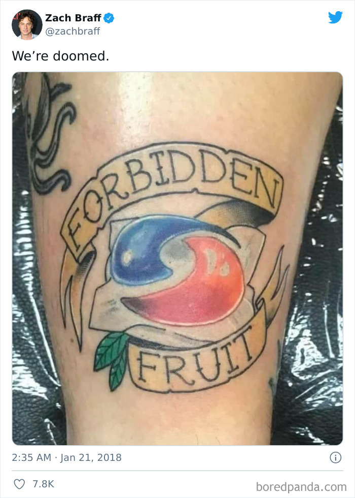 Tattoo of a colorful logo with "FORBIDDEN FRUIT" text, deemed irrelevant and uncool.