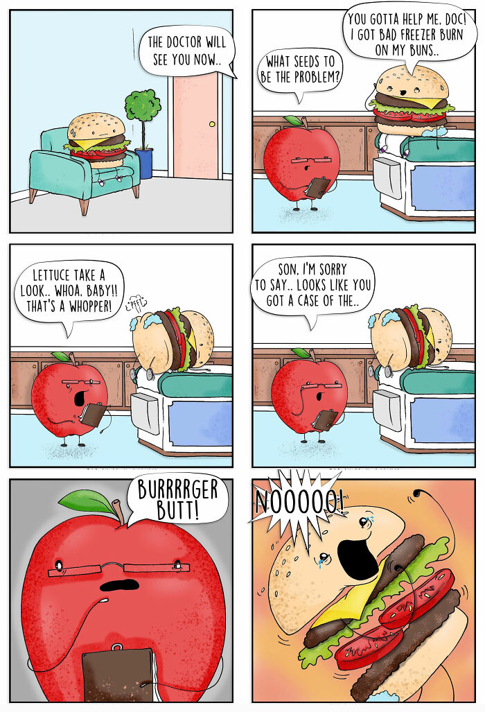 Cartoon comic about food puns showing a burger with freezer burn being diagnosed by an apple doctor in a funny style.