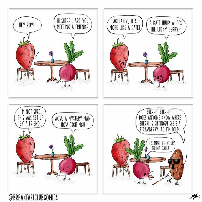 Funny food comics featuring punny characters like a strawberry and beet having a playful blind date conversation.