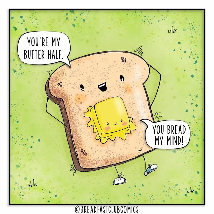 Slice of bread and butter with faces exchanging puns in a funny comic about food full of jokes and wordplay.