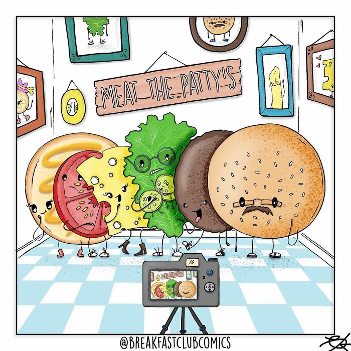 Funny food comics featuring anthropomorphic burger ingredients posing for a group photo with puns and jokes.